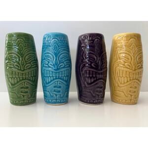 Tiki Farm Shot Glasses 2001 Vintage Set of 4 Squid Tiki Modern Mugs Hawaiin Bar